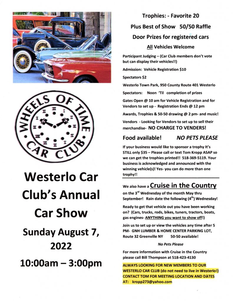Westerlo Car Club's Annual Car Show Town of Westerlo