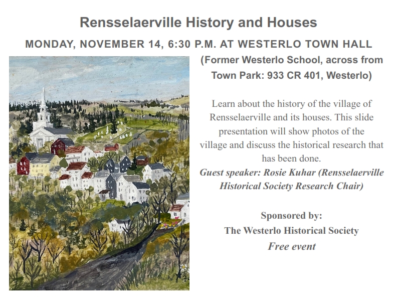 Historical Society Event Monday, Nov. 14th 630 pm Town of Westerlo