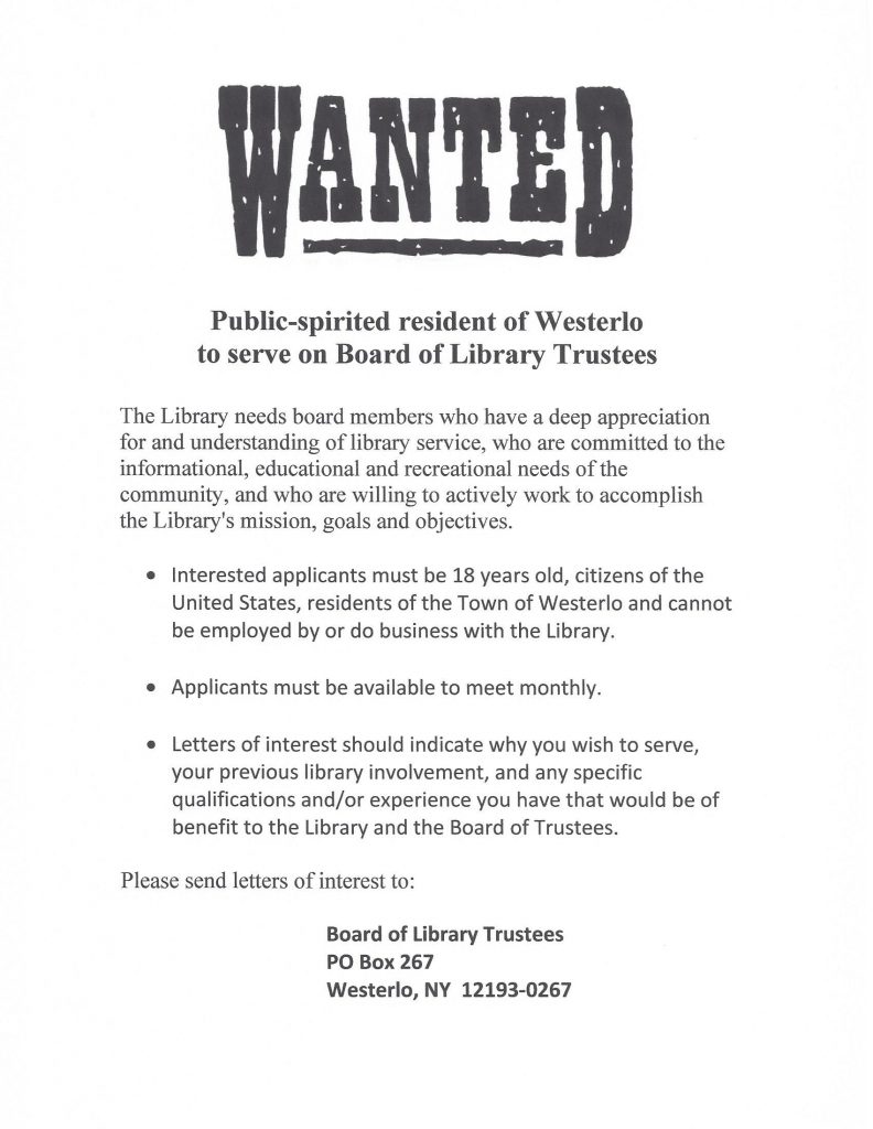 Town of Westerlo Library Trustee Wanted! Town of Westerlo