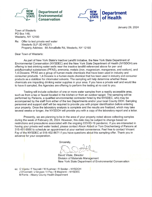 DEC offers to test private wells near the inactive landfill well at the